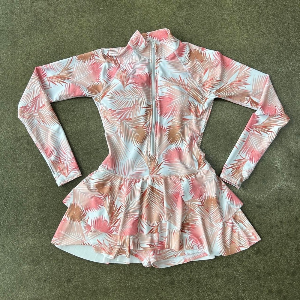 Pink And White Palm Leaf Print Ruffle Swimsuit Size Small Workout Outfit